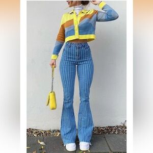 High Waisted Striped Bell Bottom Jeans